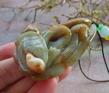 Certified Yellow Green Burma 100% Natural A Jade jadeite pendant Turtle Ruyi Necklace 长寿龟 632601  TN
