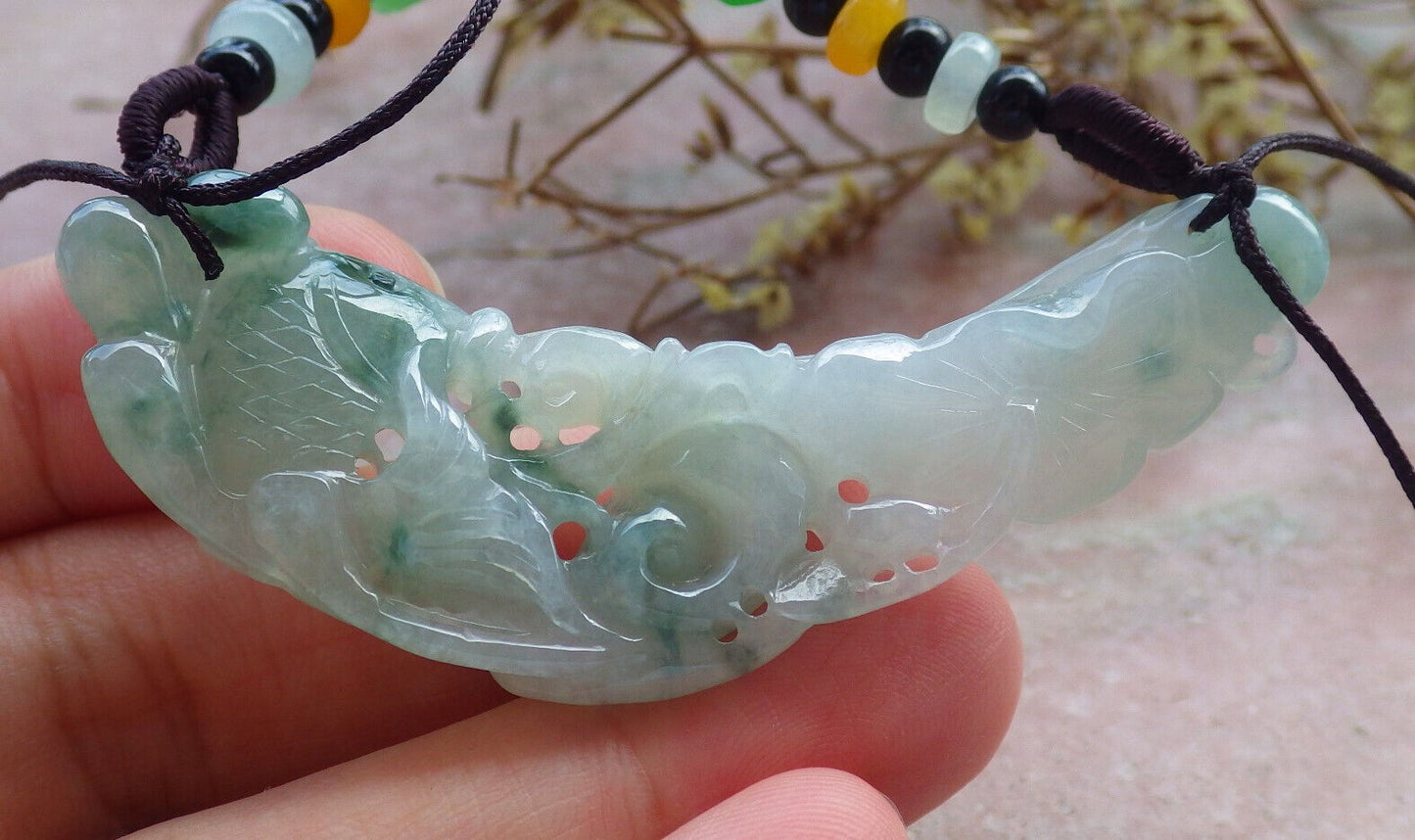Certified Icy Green Burma 100% Natural A Jade jadeite Pendant Fish Lotus Leaf Necklace 年年有余 632943  TN