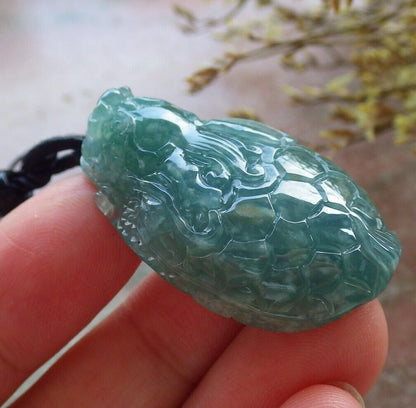 Certified Icy Green Burma 100% Natural A Jade jadeite Pendant Dragon Turtle Money Coin Necklace 龙龟 574784 TN
