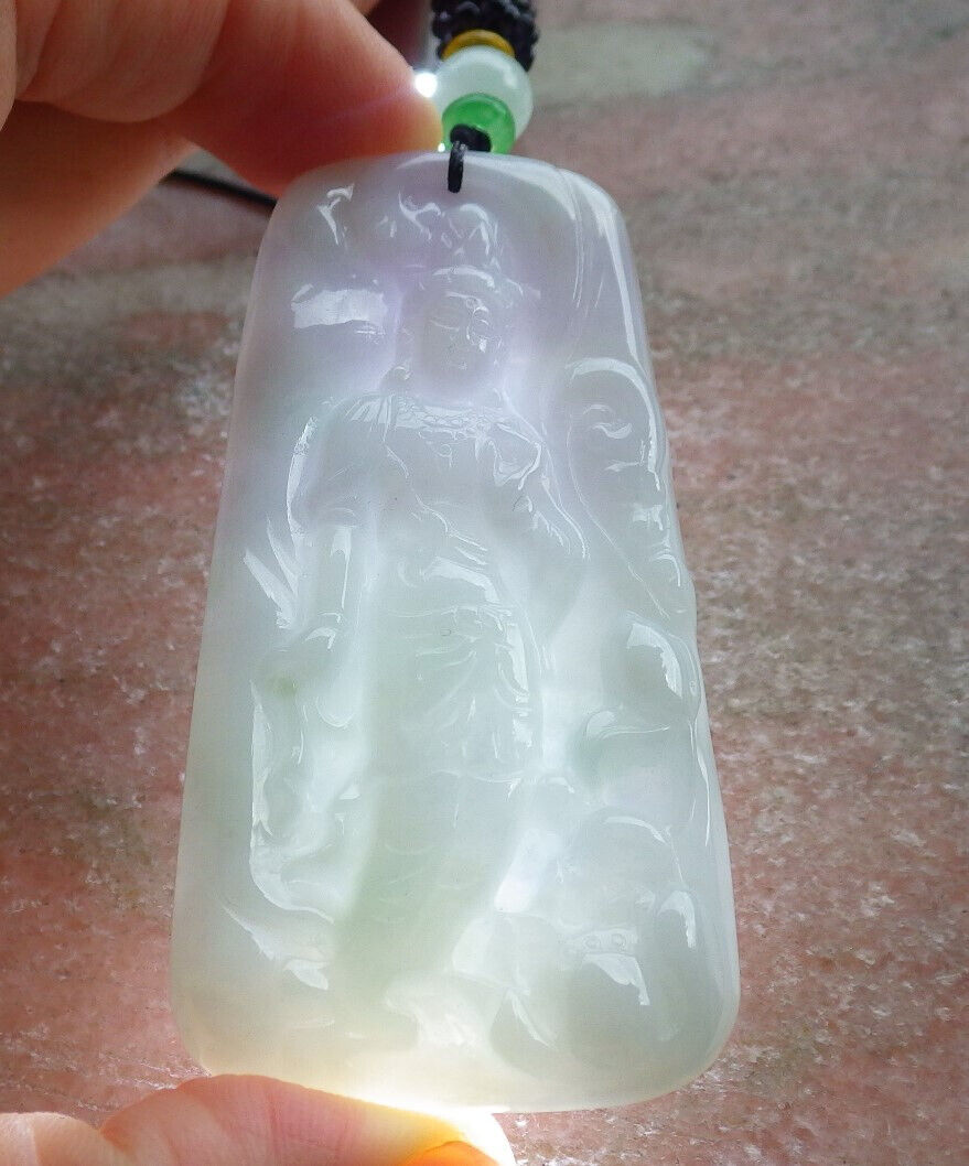 Certified Lavender Green Burma 100% Natural A Jade jadeite Pendant Guanyin Kwan Yin Lotus Flower Necklace 观音 635366  TN