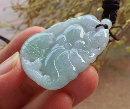 Certified Green Pale Lavender Burma 100% Natural A Jade jadeite Pendant Fish Lotus Leaf Necklace 年年有余 575361 TN
