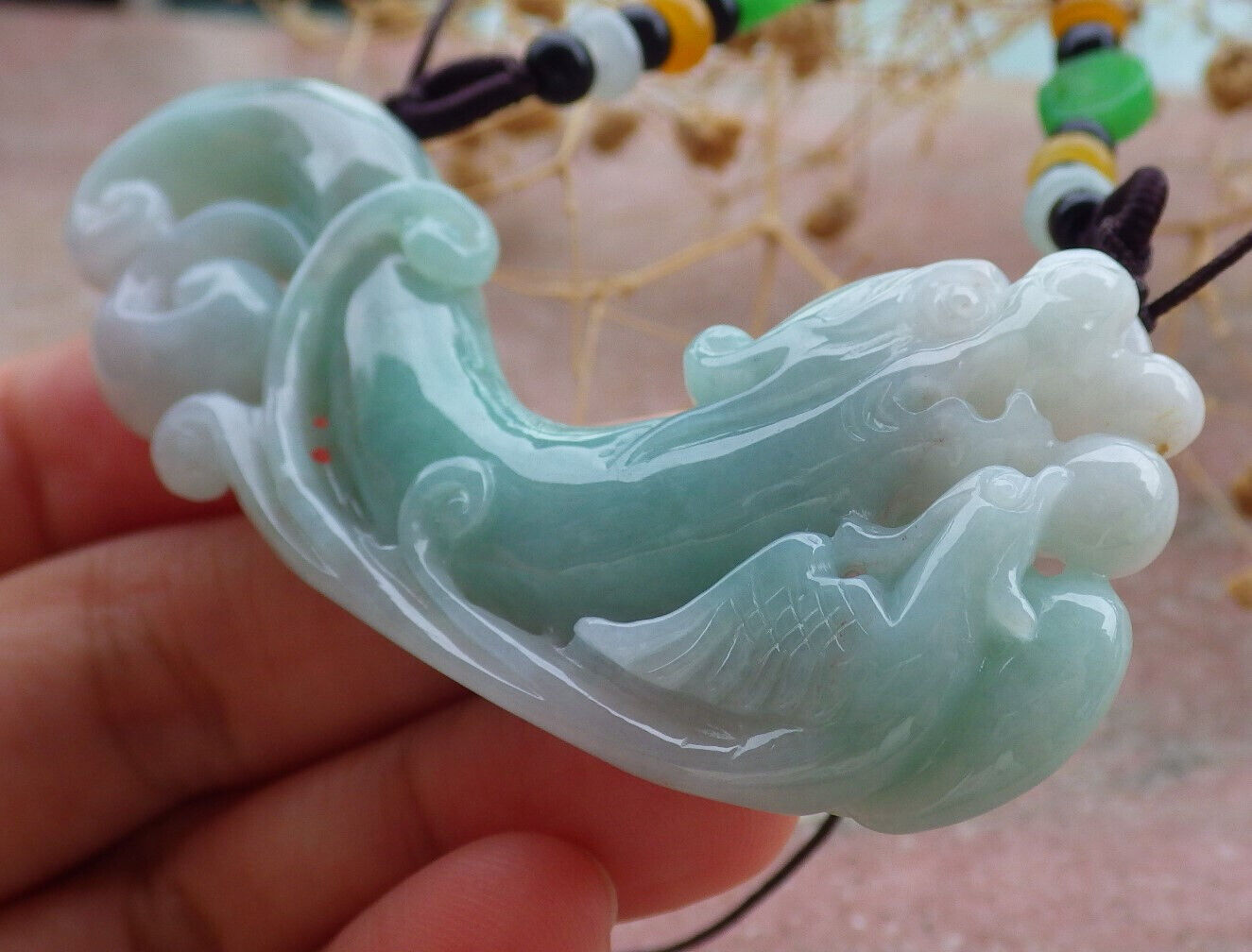 Certified Green Burma 100% Natural A Jade jadeite Pendant Dragon Phoenix Coin Necklace 龙凤 637014  TN