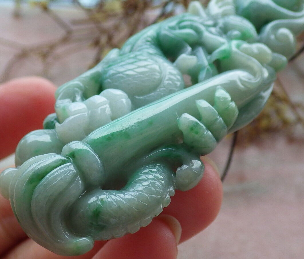 ertified Green Burma 100% Natural A Jade jadeite Pendant Dragon Pen Lotus Flower Necklace 生意兴隆 632975  TN