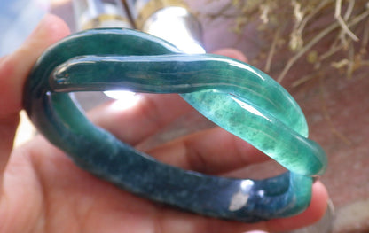 Certified Icy Green Burma 100% Natural A JADE Jadeite Flower Knotted Bangle Bracelet 64 mm 手镯 646718 TN