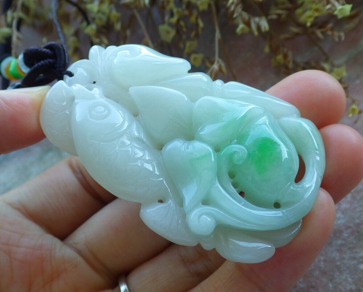 Certified Green 100% Natural A Jade jadeite Pendant Fish Lotus Flower Ruyi Coin Necklace 年年有余  529799   TN