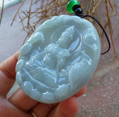 Certified Green Pale Lavender 100% Natural A Jade jadeite pendant Guanyin Kwan Yin Lotus Flower Necklace 观音 523691  TN
