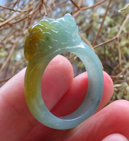 Certified Icy Yellow Green 100% Natural A JADE Jadeite Dragon Pi Xiu RING USA. 9 戒指 523815  TN