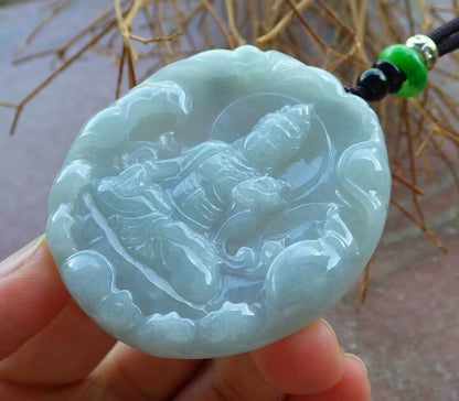 Certified Green Pale Lavender 100% Natural A Jade jadeite pendant Guanyin Kwan Yin Lotus Flower Necklace 观音 523705  TN