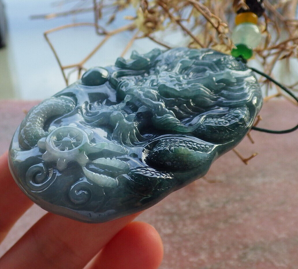 Certified Icy Green Pale Lavender Burma 100% Natural A Jade jadeite Pendant Dragon Bead Necklace 生意兴隆 634245  TN