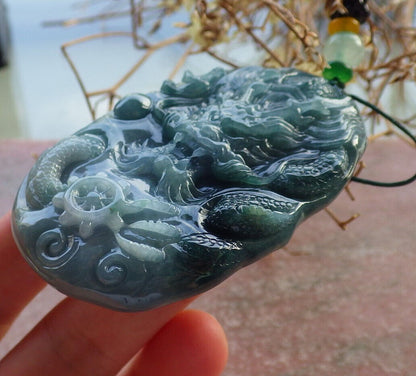 Certified Icy Green Pale Lavender Burma 100% Natural A Jade jadeite Pendant Dragon Bead Necklace 生意兴隆 634245  TN