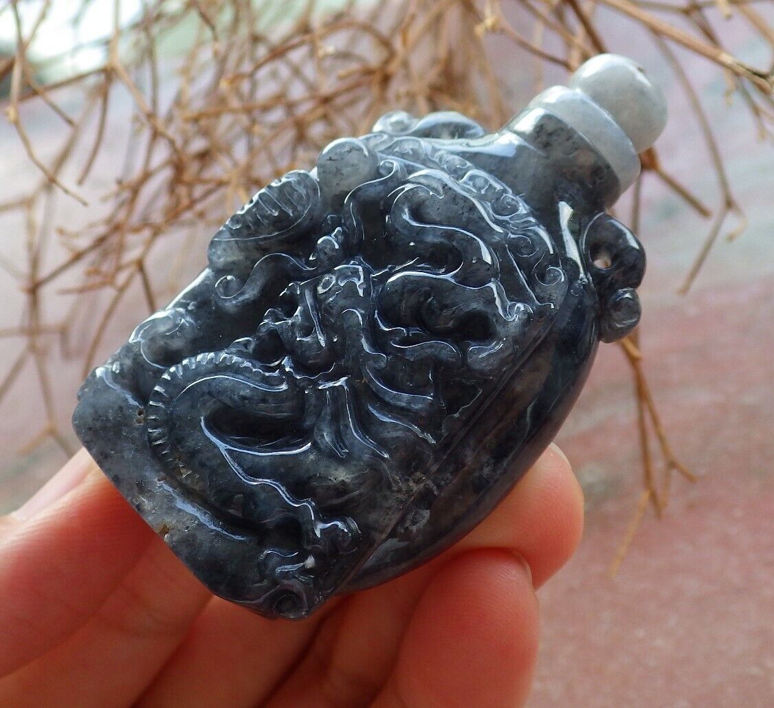 Certified Black 100% Natural A Jade jadeite pendant Display Dragon Bead Snuff Bottle 525869  TN