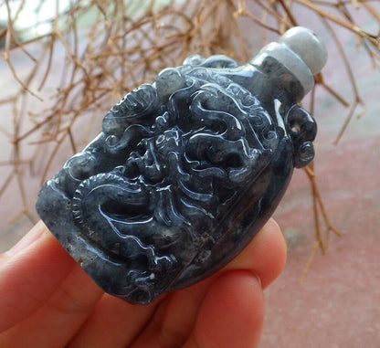 Certified Black 100% Natural A Jade jadeite pendant Display Dragon Bead Snuff Bottle 525869  TN