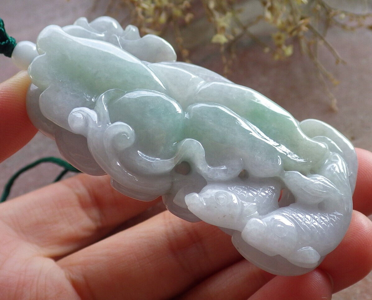 Certified Green Pale Lavender Burma 100% Natural A Jade jadeite Pendant Fish Lotus Flower Leaf Necklace 年年有余 646744 TN