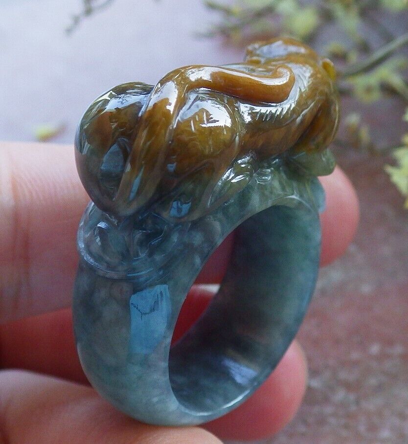 Certified Yellow Icy Green Burma 100% Natural A JADE Jadeite Monkey Coin RING USA. 10 戒指 574078 TN