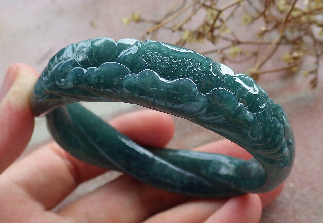 Certified Icy Blue Water Green Burma 100% Natural A JADE Jadeite Flower Knotted Bangle Bracelet 55 mm 手镯 633454  TN