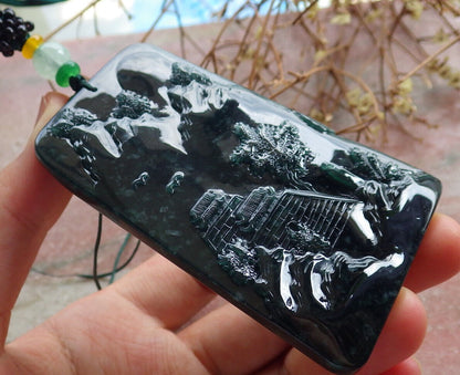 Atestita Glacia Blua Akvo Birmo 100% Natura A Jadejadeito Pendilo Pejzaĝa Pentrado Arba Koliero 山水画 634453 TN