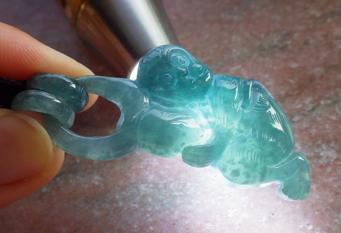 Certified Icy Green Burma 100% Natural A Jade jadeite Pendant Monkey Peach W Ring 猴子 645763 TN