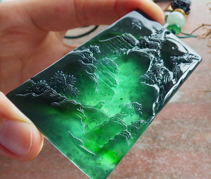 Atestita Glacia Blua Akvo Birmo 100% Natura A Jadejadeito Pendilo Pejzaĝa Pentrado Arba Koliero 山水画 634462 TN