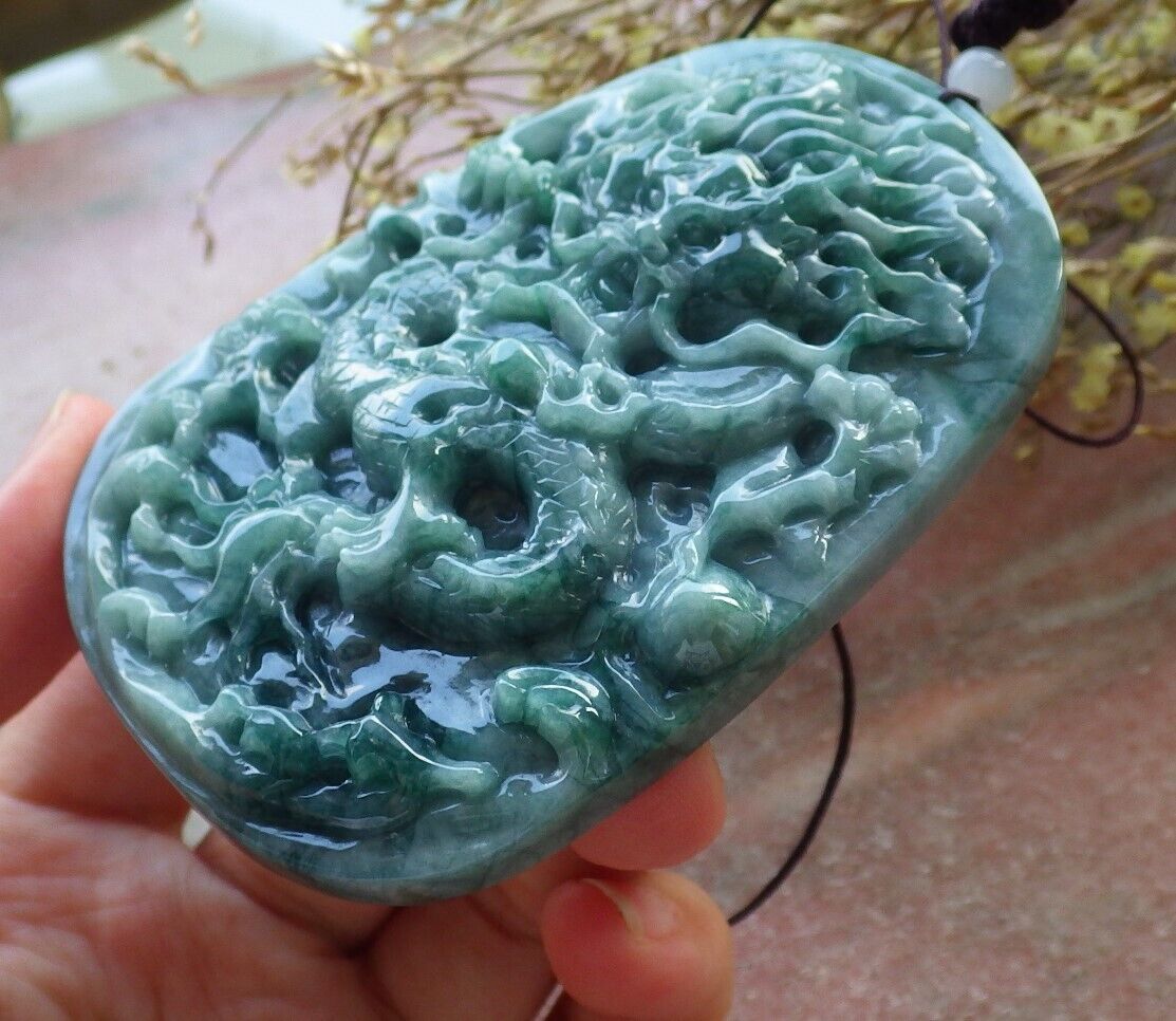 Certified Green Burma 100% Natural A Jade jadeite Pendant Dragon Bead Necklace 生意兴隆 574808 TN