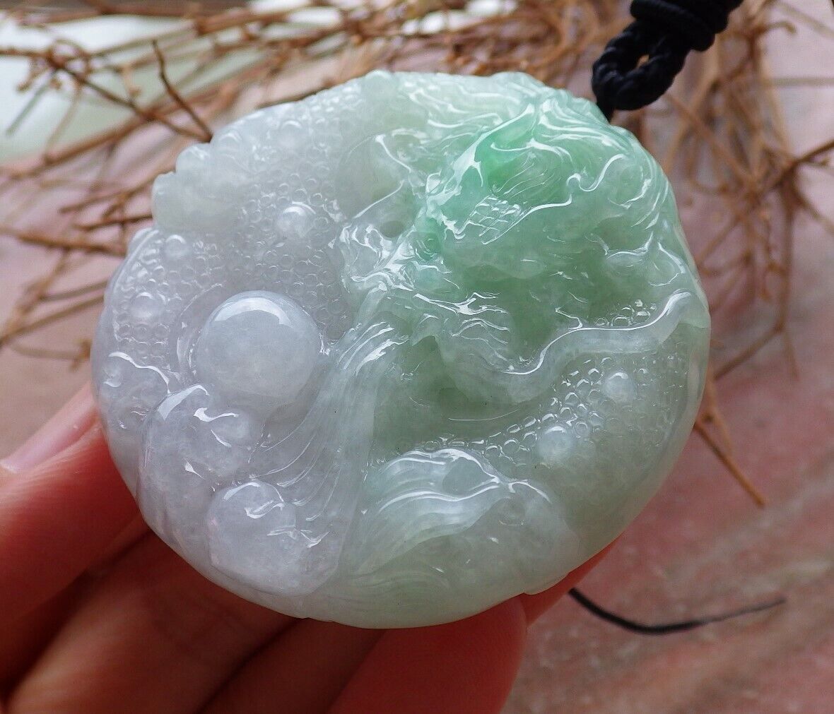 Certified Icy Green 100% Natural A Jade jadeite pendant Dragon Bead Ruyi Necklace 生意兴隆 525919  TN