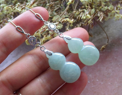 Certified Icy Green Sterling Silver 0.925 Natural A Jade jadeite Gourd Earrings Earring Dangle 耳环 524289  TN