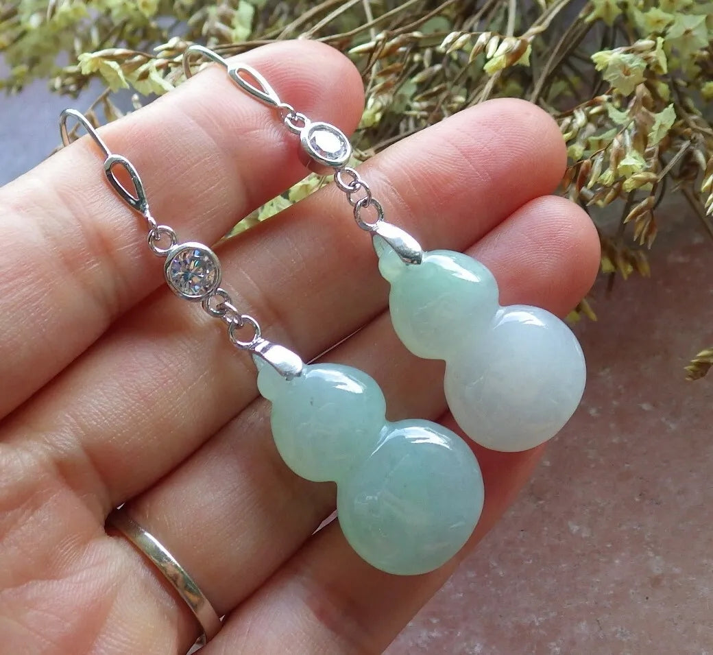Certified Icy Green Sterling Silver 0.925 Natural A Jade jadeite Gourd Earrings Earring Dangle 耳环 524317  TN