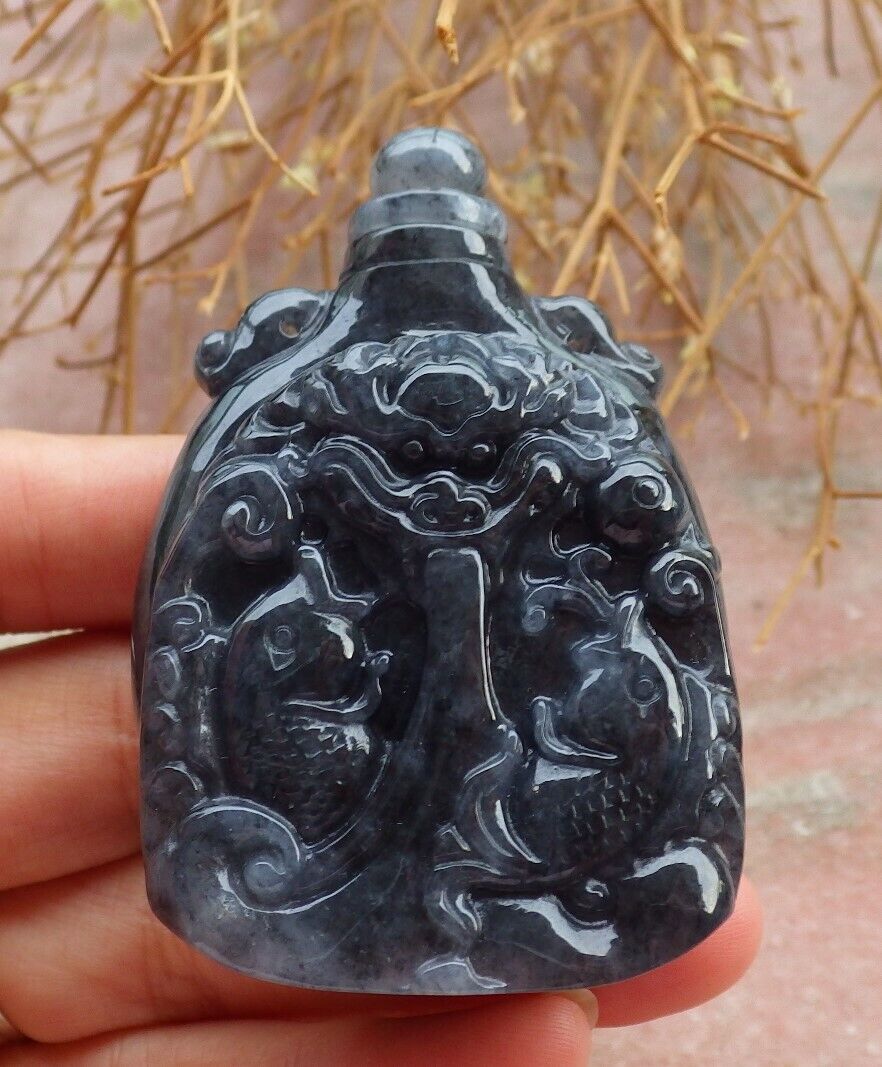 Certified Black 100% Natural A Jade jadeite pendant Display Dragon Fish Snuff Bottle 517513 ** It have The Jade Screw Top fit the Bottle ** TN