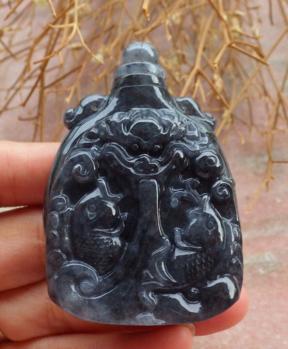 Certified Black 100% Natural A Jade jadeite pendant Display Dragon Fish Snuff Bottle 517513 ** It have The Jade Screw Top fit the Bottle ** TN