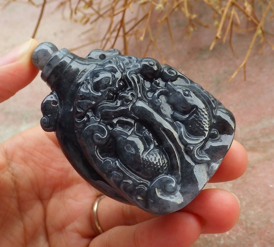 Certified Black 100% Natural A Jade jadeite pendant Display Dragon Fish Snuff Bottle 517513 ** It have The Jade Screw Top fit the Bottle ** TN