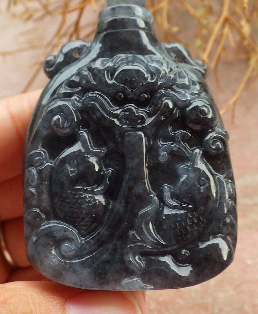 Certified Black 100% Natural A Jade jadeite pendant Display Dragon Fish Snuff Bottle 517513 ** It have The Jade Screw Top fit the Bottle ** TN