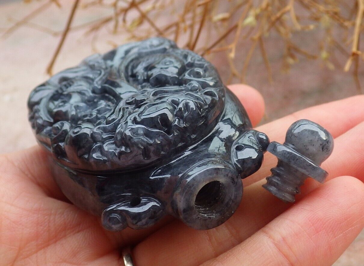 Certified Black 100% Natural A Jade jadeite pendant Display Dragon Fish Snuff Bottle 517513 ** It have The Jade Screw Top fit the Bottle ** TN