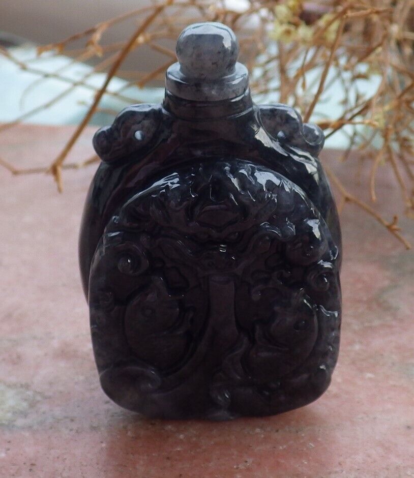 Certified Black 100% Natural A Jade jadeite pendant Display Dragon Fish Snuff Bottle 517513 ** It have The Jade Screw Top fit the Bottle ** TN