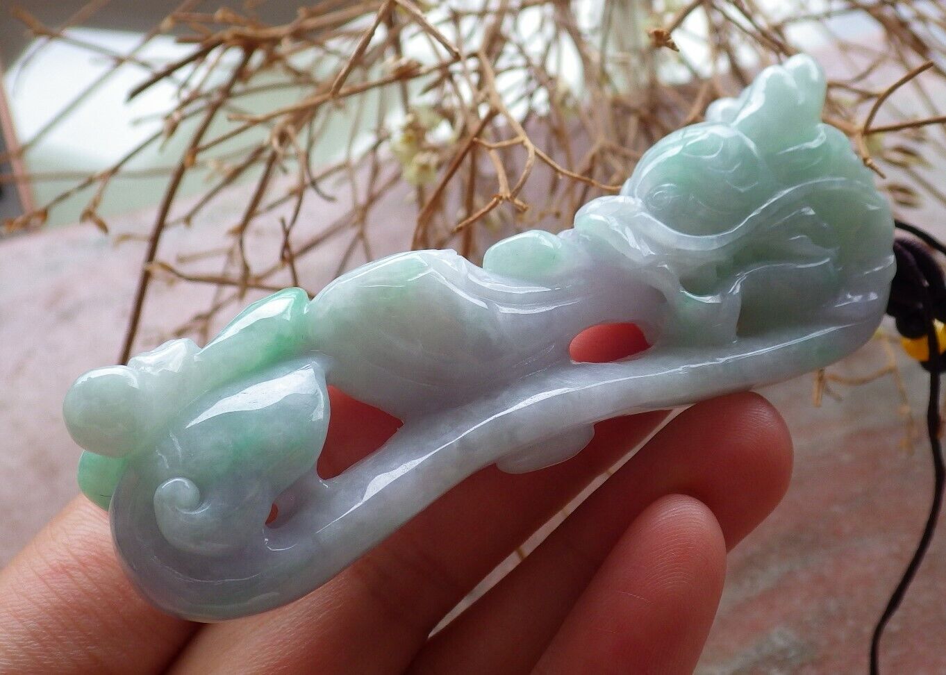 Certified Green Pale Lavender 100% Natural A Jade jadeite Pendant Dragon Pi Xiu Bat Lotus Flower Ruyi Hook Necklace 龙钩 517612 TN