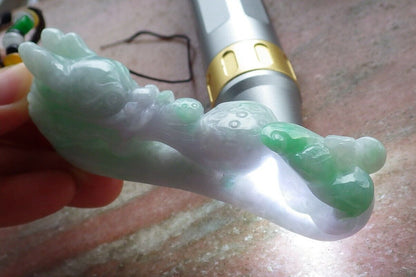 Certified Green Pale Lavender 100% Natural A Jade jadeite Pendant Dragon Pi Xiu Bat Lotus Flower Ruyi Hook Necklace 龙钩 517612 TN