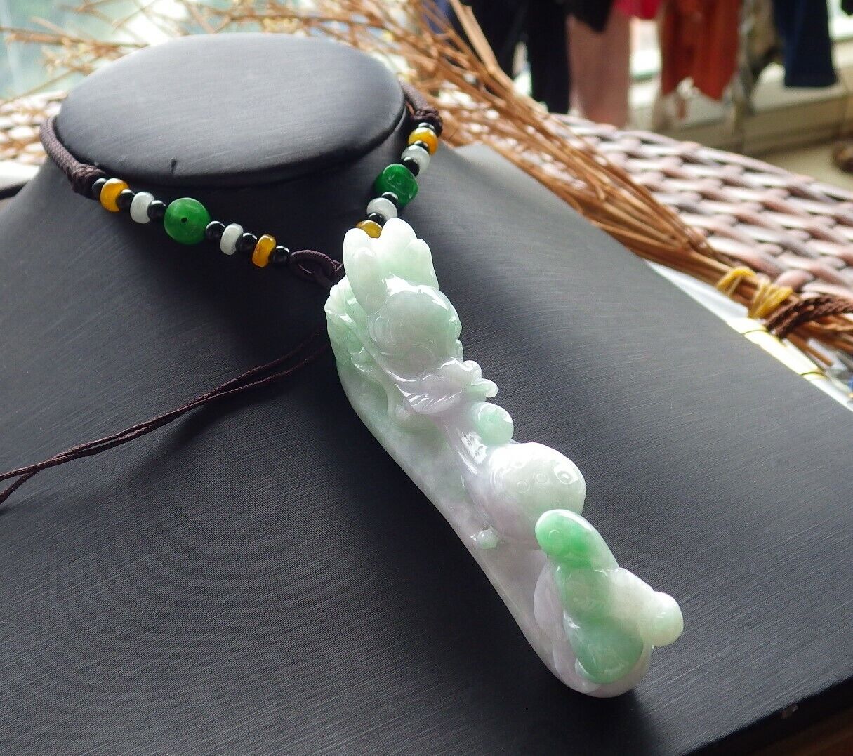 Certified Green Pale Lavender 100% Natural A Jade jadeite Pendant Dragon Pi Xiu Bat Lotus Flower Ruyi Hook Necklace 龙钩 517612 TN
