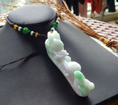 Certified Green Pale Lavender 100% Natural A Jade jadeite Pendant Dragon Pi Xiu Bat Lotus Flower Ruyi Hook Necklace 龙钩 517612 TN