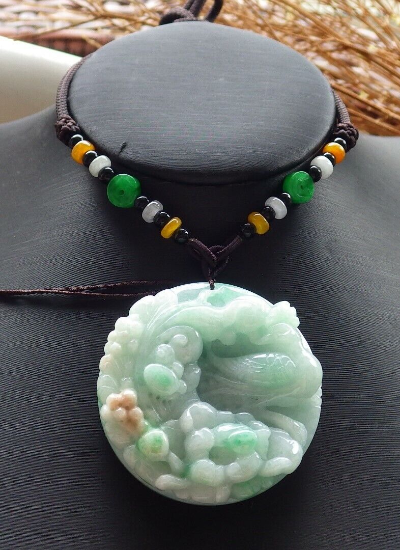 Certified Green Yellow 100% Burma Natural A Jade jadeite Pendant Phoenix Bird Lotus Flower Necklace 鸟语花香 517623 TN