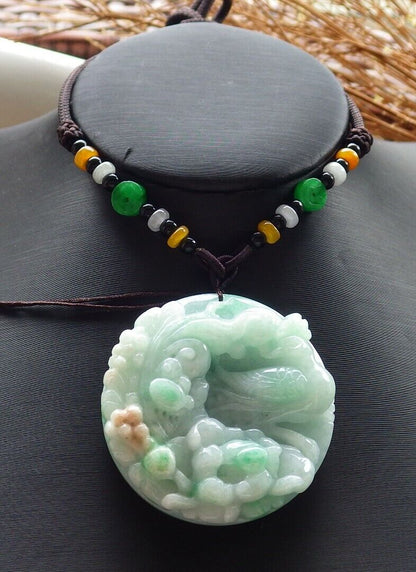 Certified Green Yellow 100% Burma Natural A Jade jadeite Pendant Phoenix Bird Lotus Flower Necklace 鸟语花香 517623 TN