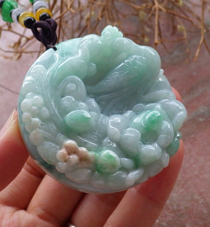 Certified Green Yellow 100% Burma Natural A Jade jadeite Pendant Phoenix Bird Lotus Flower Necklace 鸟语花香 517623 TN