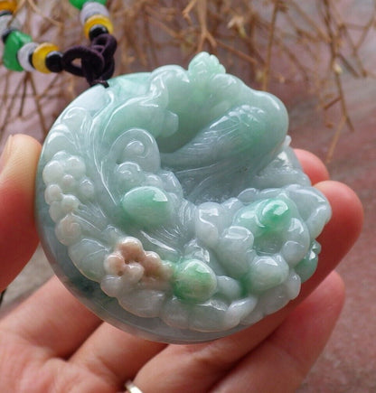 Certified Green Yellow 100% Burma Natural A Jade jadeite Pendant Phoenix Bird Lotus Flower Necklace 鸟语花香 517623 TN