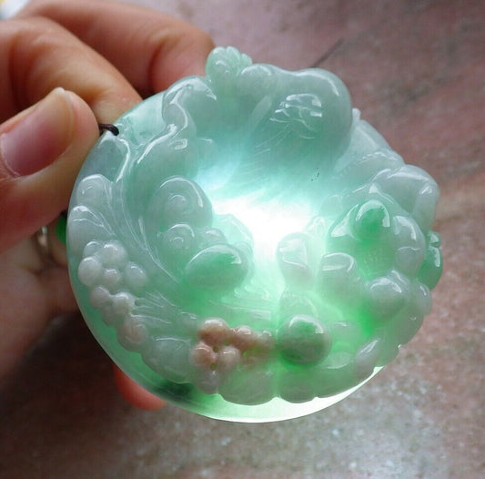 Certified Green Yellow 100% Burma Natural A Jade jadeite Pendant Phoenix Bird Lotus Flower Necklace 鸟语花香 517623 TN