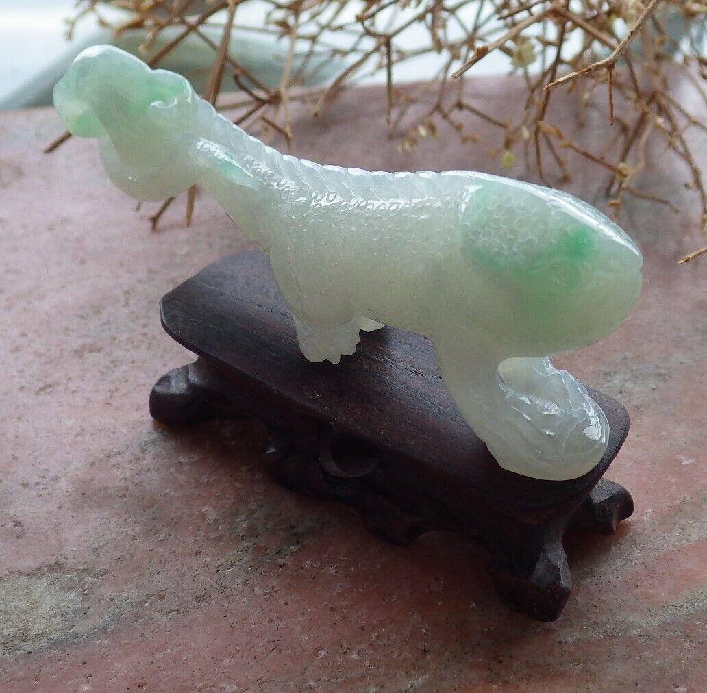 Certified Green 100% Natural A Jade jadeite Display Dragon Lizard Lotus Flower Ruyi Money Coin 龙蜥蜴 517632 ** Include woodstand ** TN