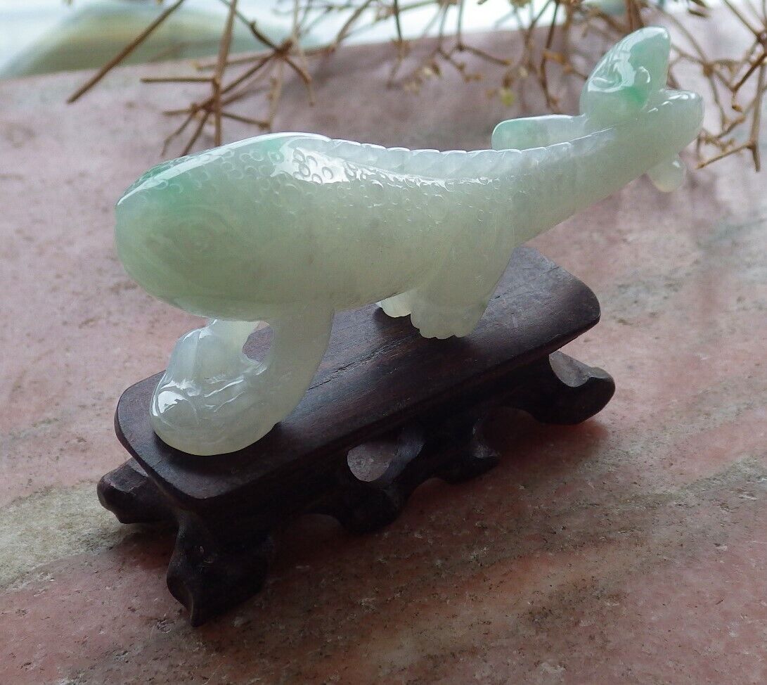 Certified Green 100% Natural A Jade jadeite Display Dragon Lizard Lotus Flower Ruyi Money Coin 龙蜥蜴 517632 ** Include woodstand ** TN