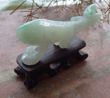 Certified Green 100% Natural A Jade jadeite Display Dragon Lizard Lotus Flower Ruyi Money Coin 龙蜥蜴 517632 ** Include woodstand ** TN