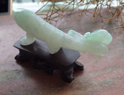 Certified Green 100% Natural A Jade jadeite Display Dragon Lizard Lotus Flower Ruyi Money Coin 龙蜥蜴 517632 ** Include woodstand ** TN