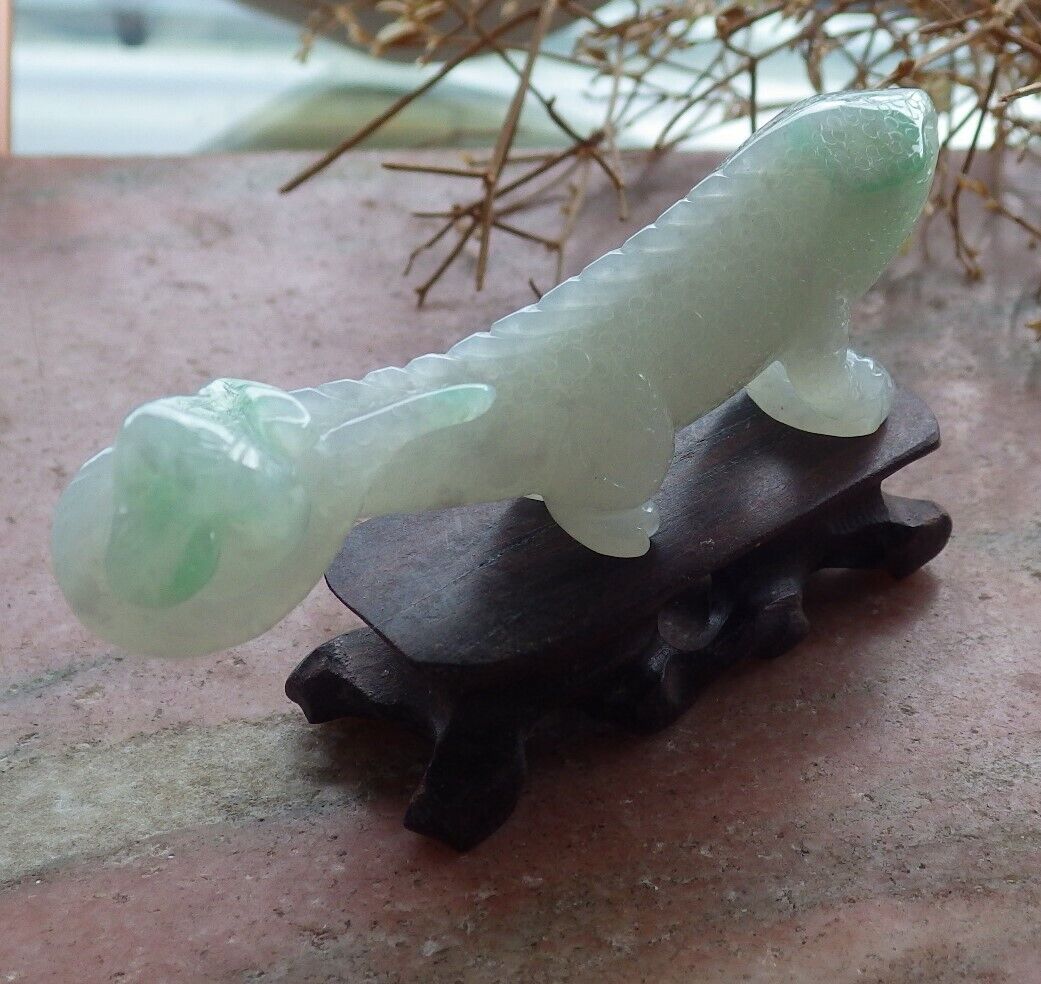 Certified Green 100% Natural A Jade jadeite Display Dragon Lizard Lotus Flower Ruyi Money Coin 龙蜥蜴 517632 ** Include woodstand ** TN