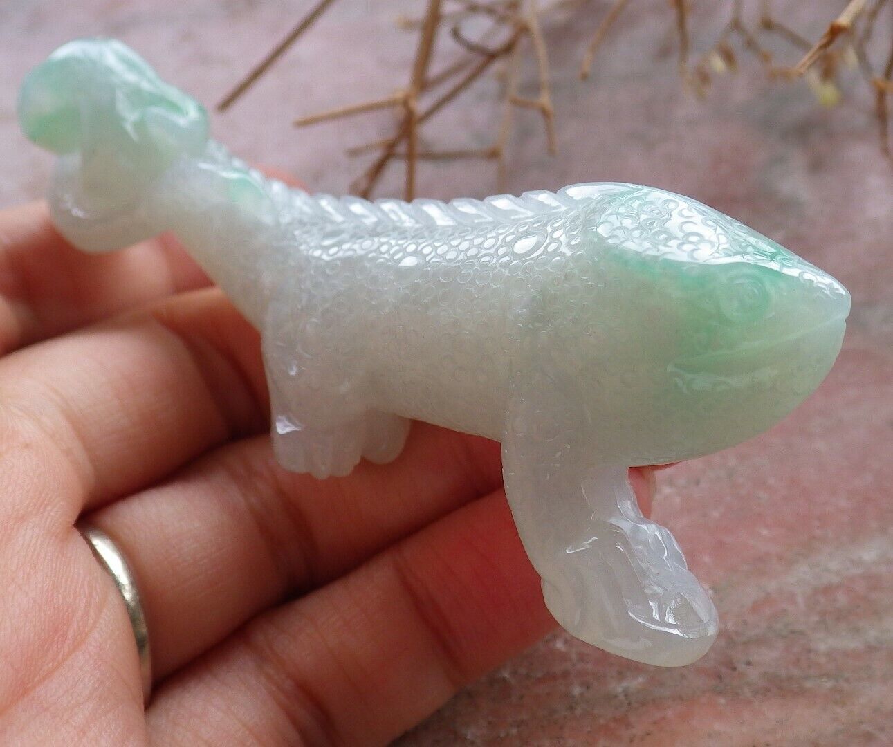 Certified Green 100% Natural A Jade jadeite Display Dragon Lizard Lotus Flower Ruyi Money Coin 龙蜥蜴 517632 ** Include woodstand ** TN