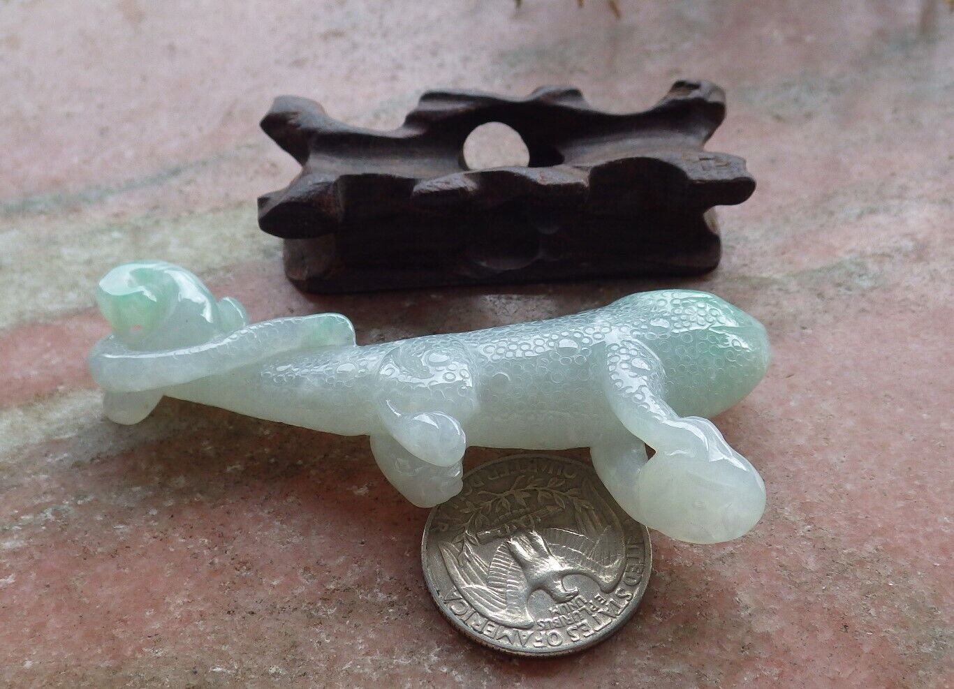 Certified Green 100% Natural A Jade jadeite Display Dragon Lizard Lotus Flower Ruyi Money Coin 龙蜥蜴 517632 ** Include woodstand ** TN