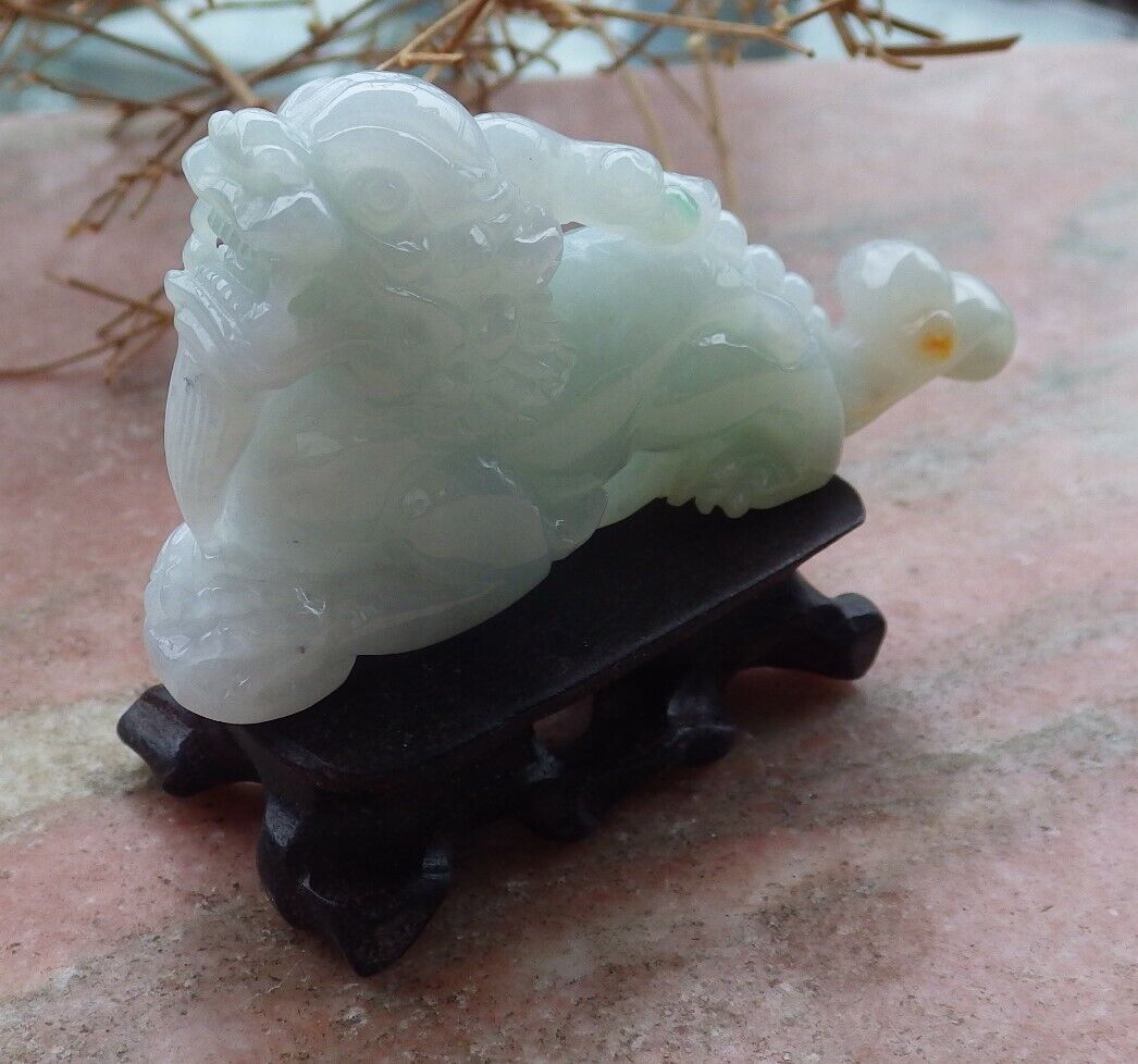 Certified Green Yellow 100% Burma Natural A Jade jadeite Display Dragon Pi Xiu Money Coin 风水貔貅 517740 ** Include woodstand ** TN