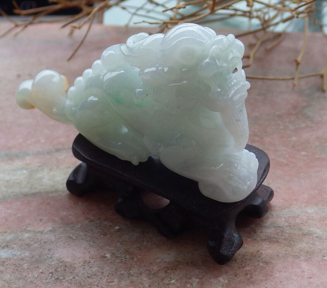 Certified Green Yellow 100% Burma Natural A Jade jadeite Display Dragon Pi Xiu Money Coin 风水貔貅 517740 ** Include woodstand ** TN